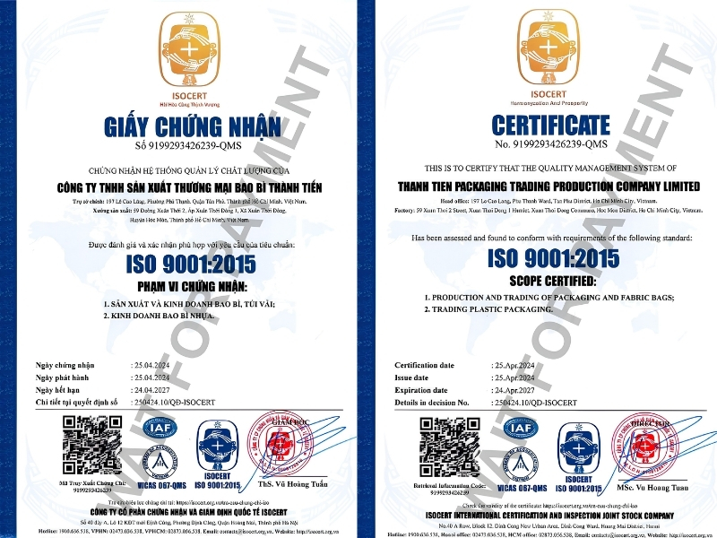 Giấy chứng nhận của Bao Bì Thành Tiến