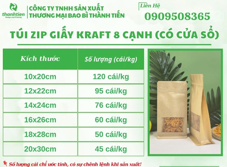 Size và số lượng cái túi zip giấy 8 cạnh 