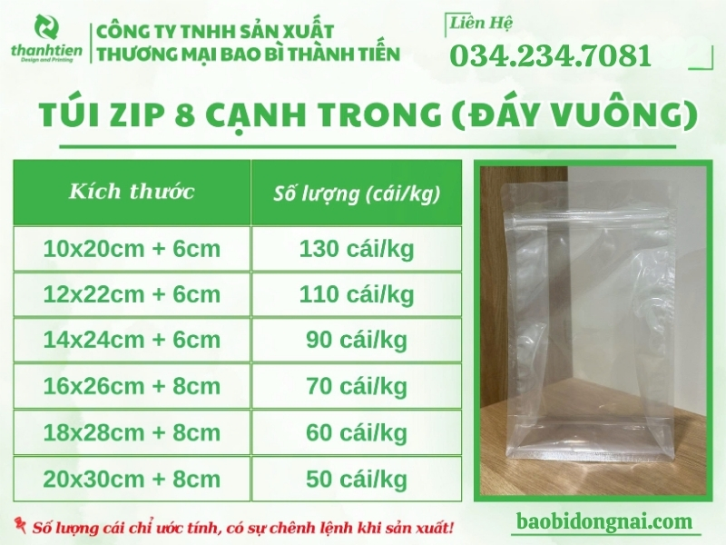 Kích thước túi zip 8 cạnh