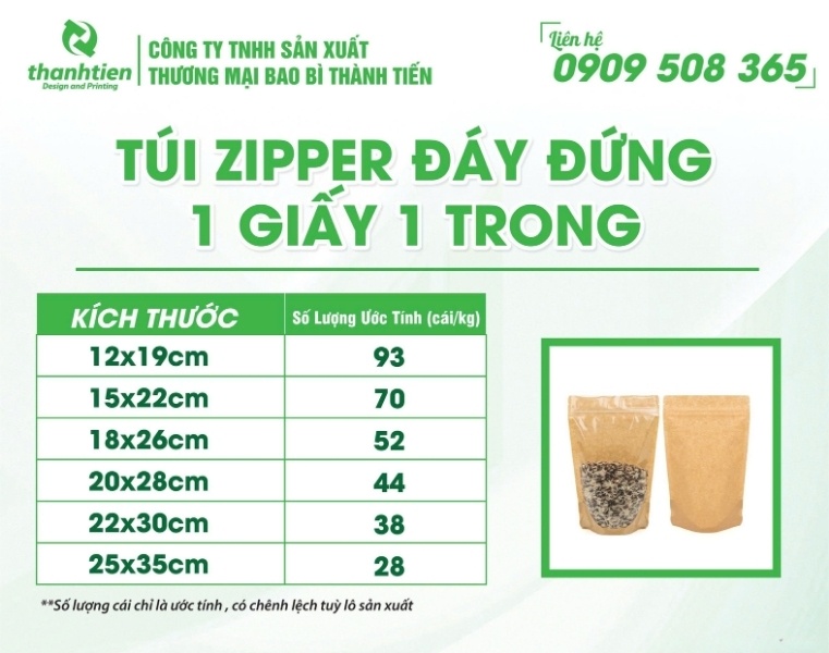 Kích thước zip đáy đựng 1 giấy 1 trong