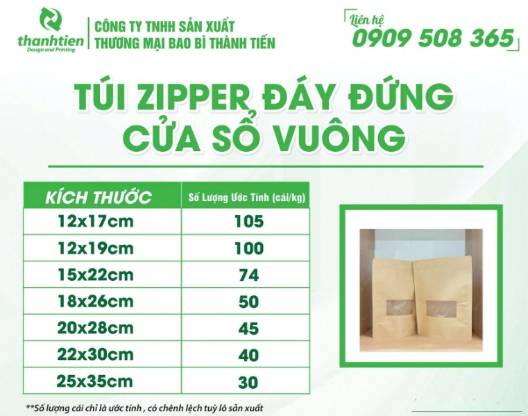 Kích thước zip giấy có cửa sổ vuông