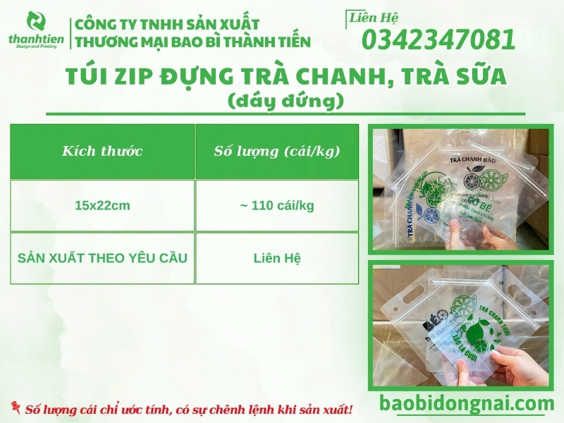 Kích thước phổ biến của túi zip trà chanh